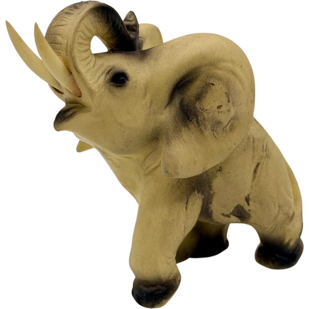 Vintage Elephant Figurine Trunk Up Good Luck Statue‎ Tan Matte Finish Decor